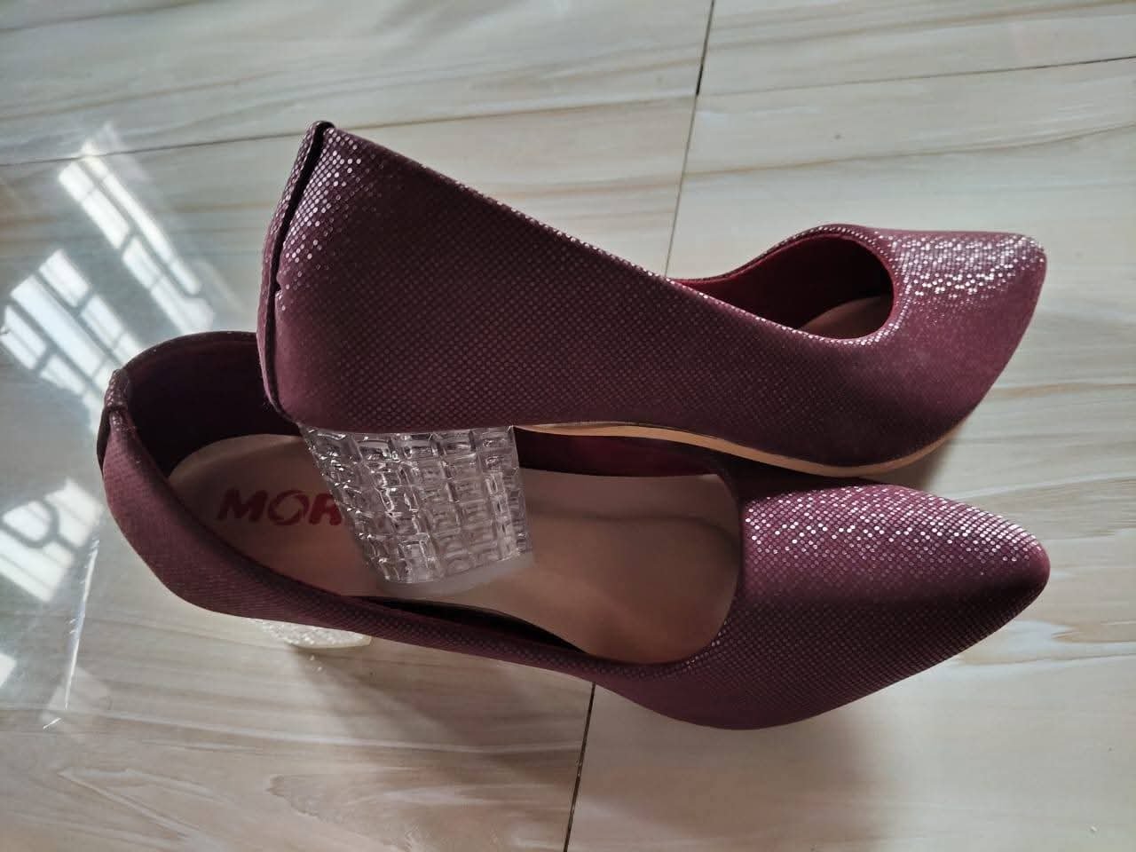 Women’s Elegant Maroon Shimmer Clear Glass Block Heels