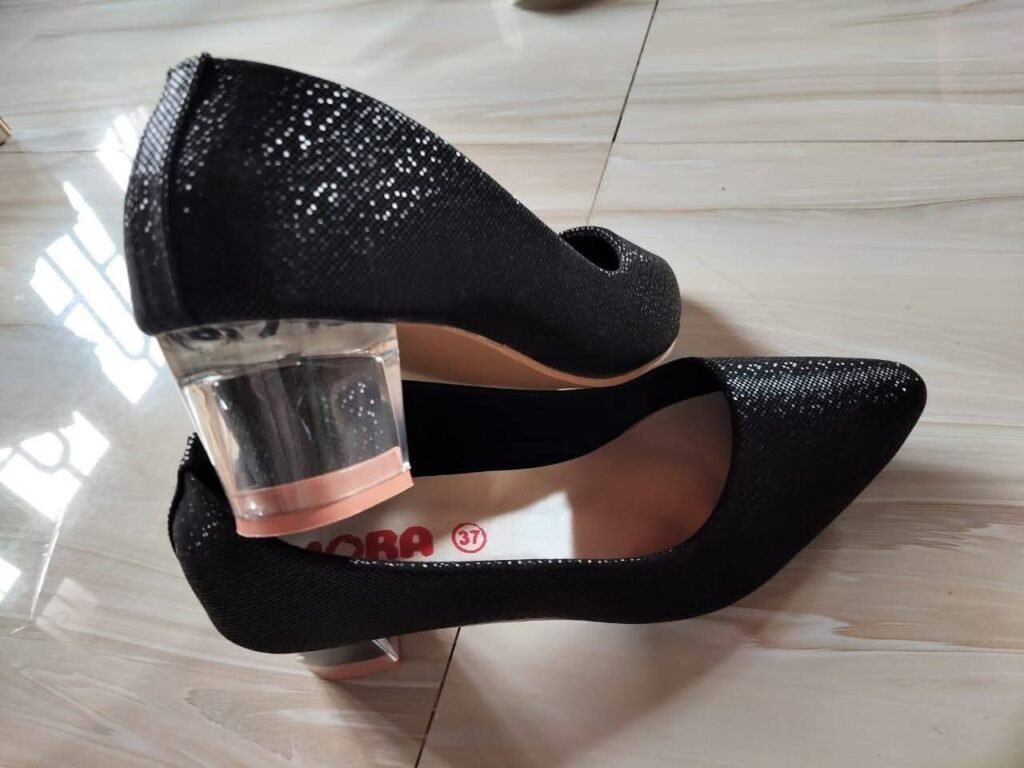 Women’s Elegant Black Shimmer Clear Block Heels