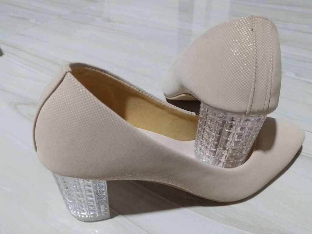 Women’s Elegant Cream/Nude Shimmer Clear Glass Block Heels