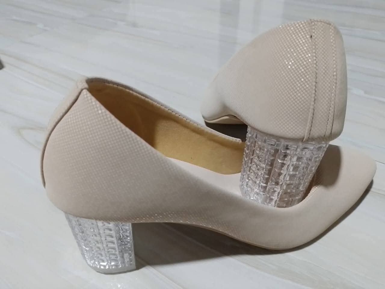 Women’s Elegant Cream/Nude Shimmer Clear Glass Block Heels