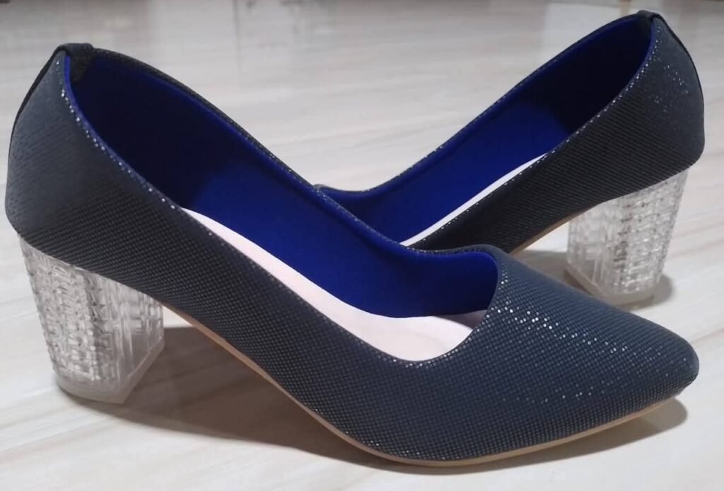 Women’s Elegant Navy Blue Shimmer Clear Glass Block Heels