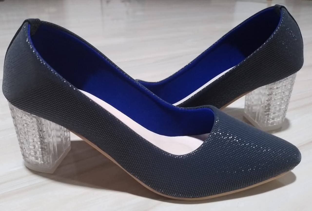 Women’s Elegant Navy Blue Shimmer Clear Glass Block Heels